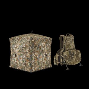 Vis Series 270deg See Through Pop Up Blind and StrutBack Kickstand Turkey Vests with Seat Bundle