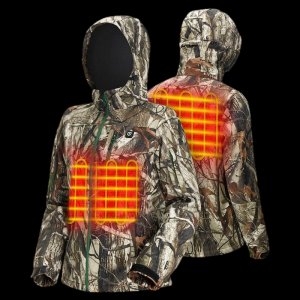 Heated Jacket for Women | Heated Coat with Detachable Hood & 10000mAh Battery Pack | Camo or Black Heated Outdoor Apparel for Hunting