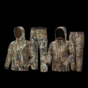 Silent Water Resistant Camo Hunting Suit and Waterproof Breathable Lightweight Rain Suit Bundle